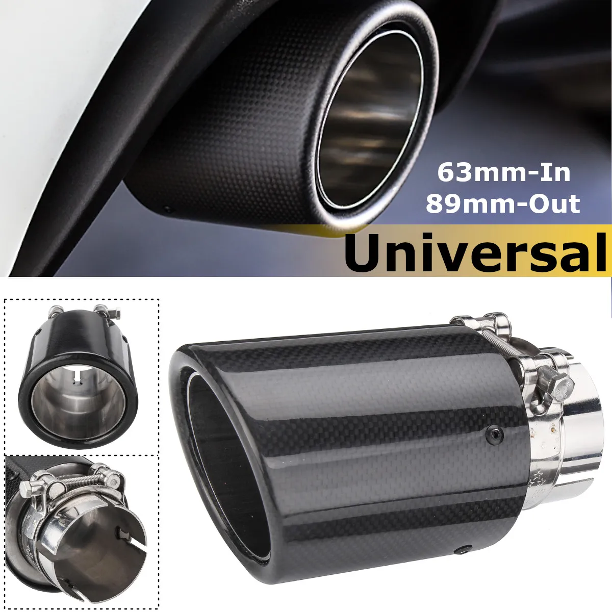 1X 63mm-89mm Carbon Fiber Glossy Black Car Exhaust Muffler Tips Pipe Tail Throat