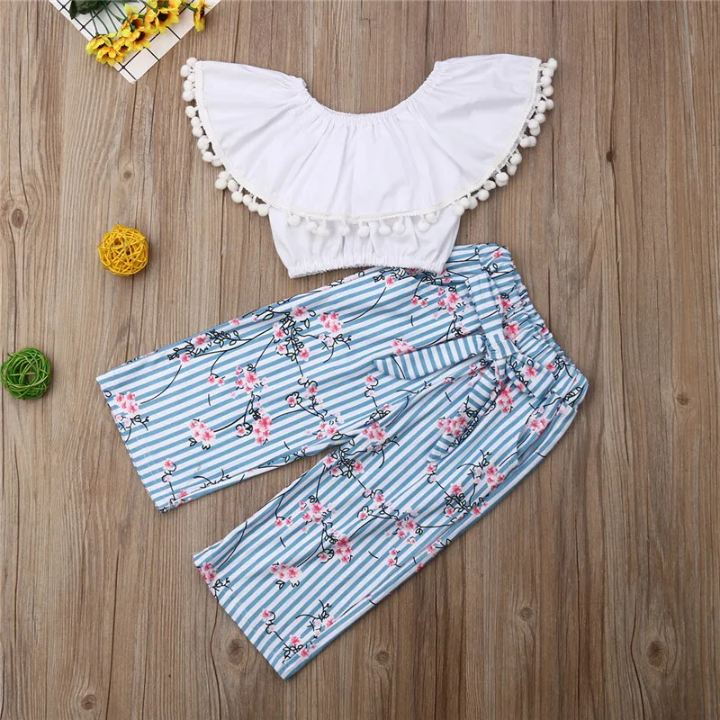 Toddler Kids Girls Summer Clothes Sets Fashion 2Pcs For Girl Slash Neck Tassels Crop Tops Floral Wide Leg Pant Girl Outfits 1-6Y