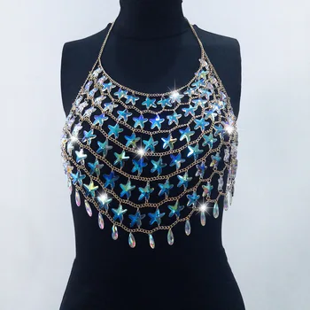 

Bling Star Bra Metal Breast Chain Women Summer Sexy Rhinestone Fringe Bikini Top Cover Mesh Body Jewelry Beach Party Club'wear