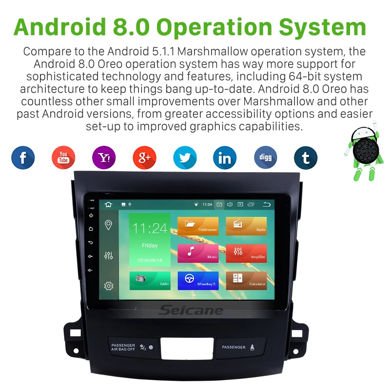 Excellent Seicane Android 8.0 9 Inch Car Stereo Radio GPS Navigation Multimedia Player For 2006 2007 2008 2009-2014 Mitsubishi OUTLANDER 1