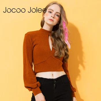 

Jocoo Jolee Hpllow Out Turtleneck Knitted Sweater Women Sexy Backless Bow Tie Crop Top Autumn Casual Pullover Women Jumper 2018