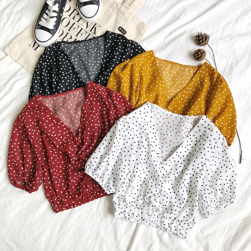 

2019 Spring Summer Women Polka Dots Tops V-neck Puff Sleeves Cropped Tops Female Dots Pullovers
