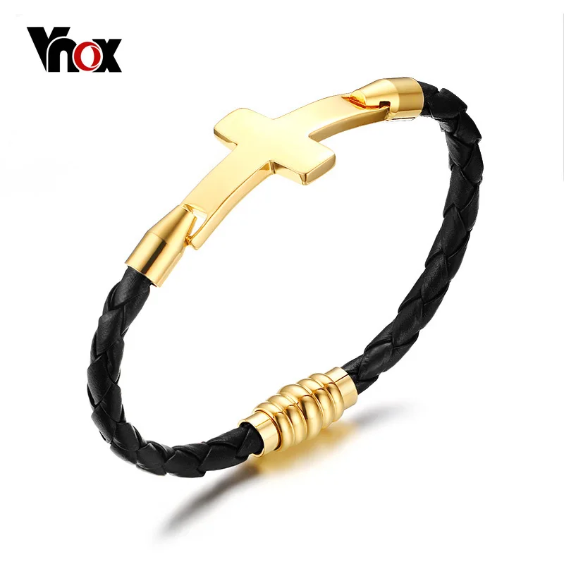 

VNOX 8" Black Leather Bracelet for Men Women Jewelry Gold-color Cross Jesus Prayer Bracelets with Magnet Clasp