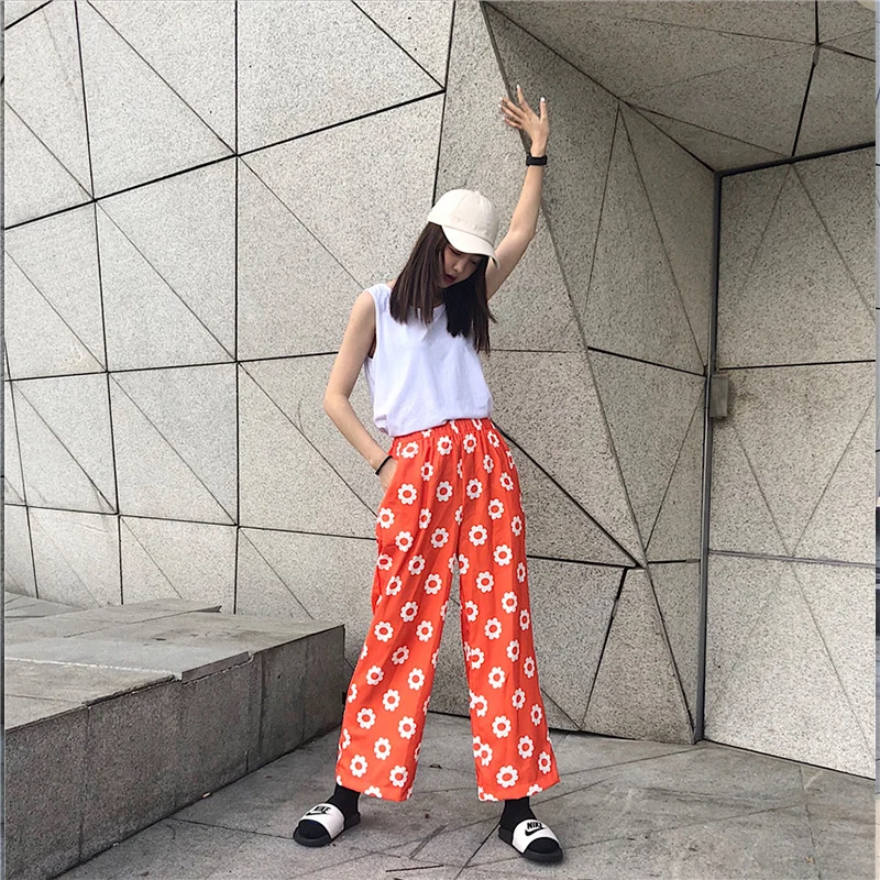 

Vintage Pants Women Long Sunflower Print High Waist Elastic Wide Leg Long Pants Casual Slim Long Straight Pants for Female