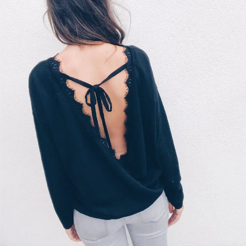 Sexy Women's Casual Backless Tops Blouse Lace Patchwork Long Sleeve Loose Shirt White/Black Ladies Autumn Baggy Blouse Hot Sale