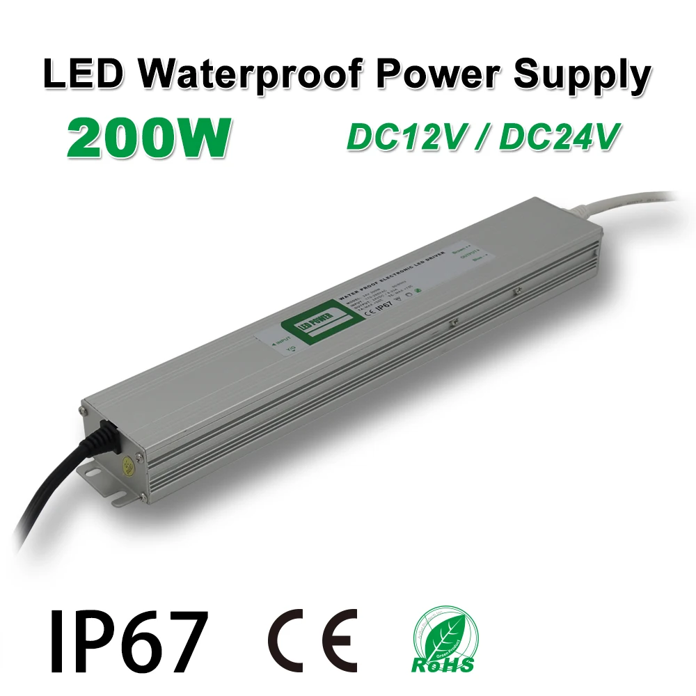 

200W Waterproof Power Supply,LED Strip Drive,IP67,DC12/24V,Adapter transformer,Indoor & Outdoor Use,for Linear lighting