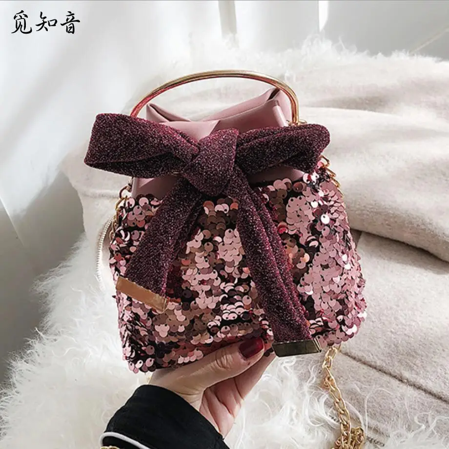 

2019 Spring New Sweet Bow Tote Bag Quality Pu Leather Women's Designer Handbag Sequin Bucket Bag Chain Shoulder Messenger Bags