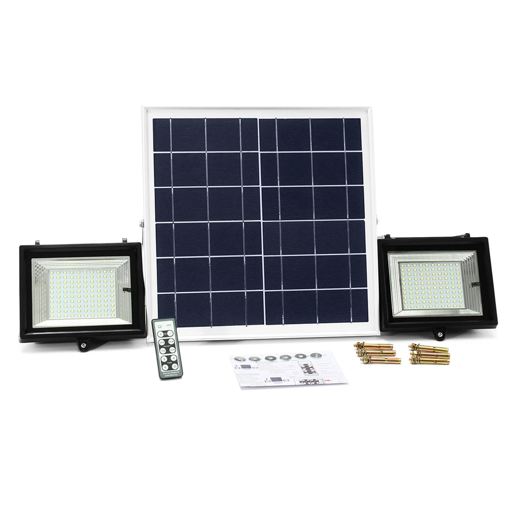 

2Pcs Remote Control 100 LED Flood Light Solar Powered Dimmable Timer Waterproof Solar Light Street Light Floodlight