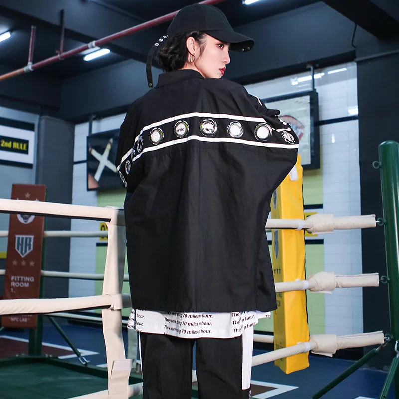 

#5560 New 2019 Spring Bat Sleeved Long Shirt For Women Men Punk Tunic Metal Rings Streetwear Korean Style Plus Size Blouse Black