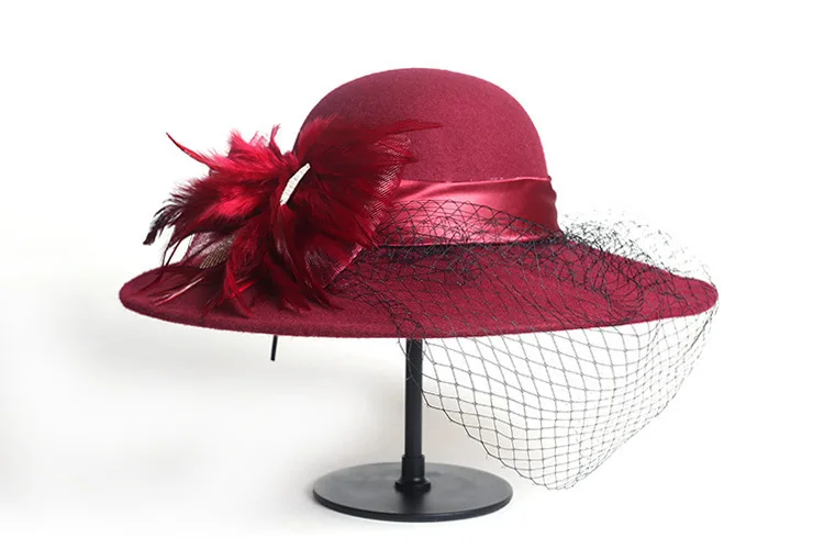 

Elegant Veil Hat Lady Church Sombreros Winter 100% Wool Fedora Hat Women Black Vintage Wide Brim Felt Hats Cloche Fedora