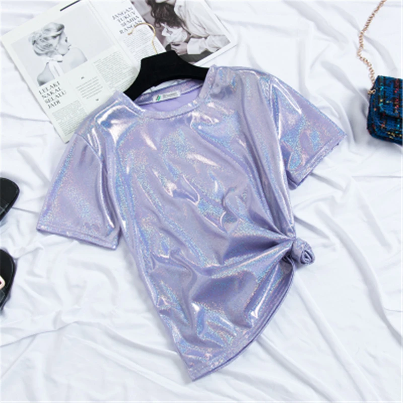 

2019 Women Tshirts Summer High Street Twinkle O-Neck Fashion Casual Tops Solid High Quality Lady Clothing