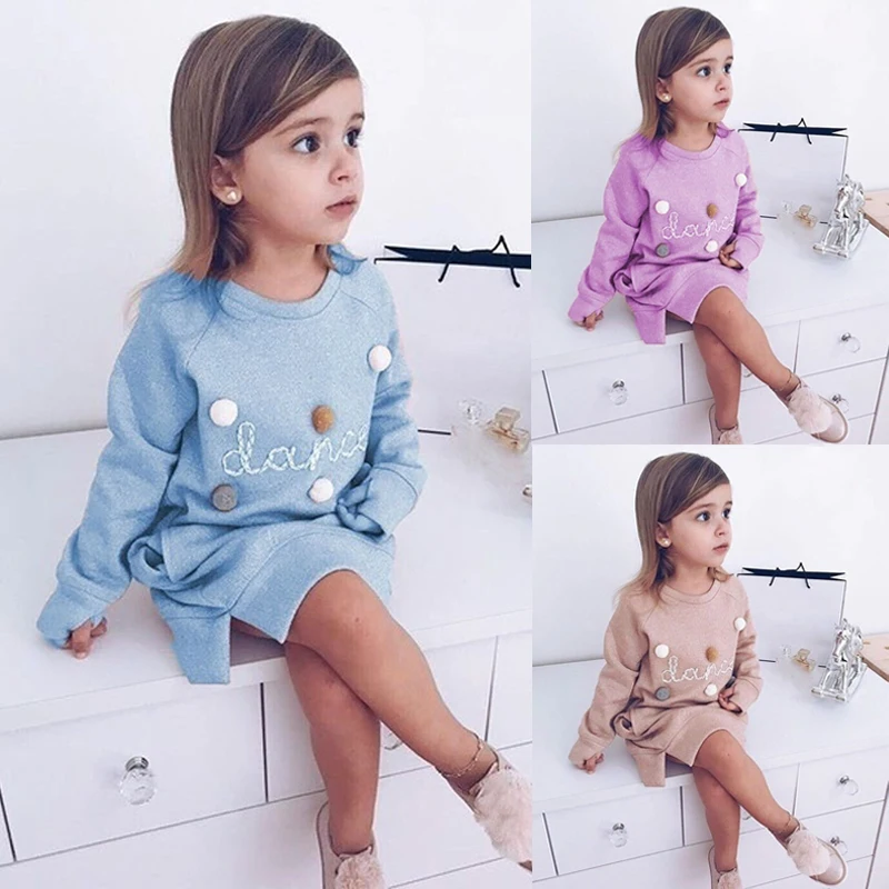 

2018 Newly Autumn Winter Infant Kids Baby Girls Sweatshirt Dress Letter Print Long Sleeve Pullover Straight Dress Clothes 1-5Y