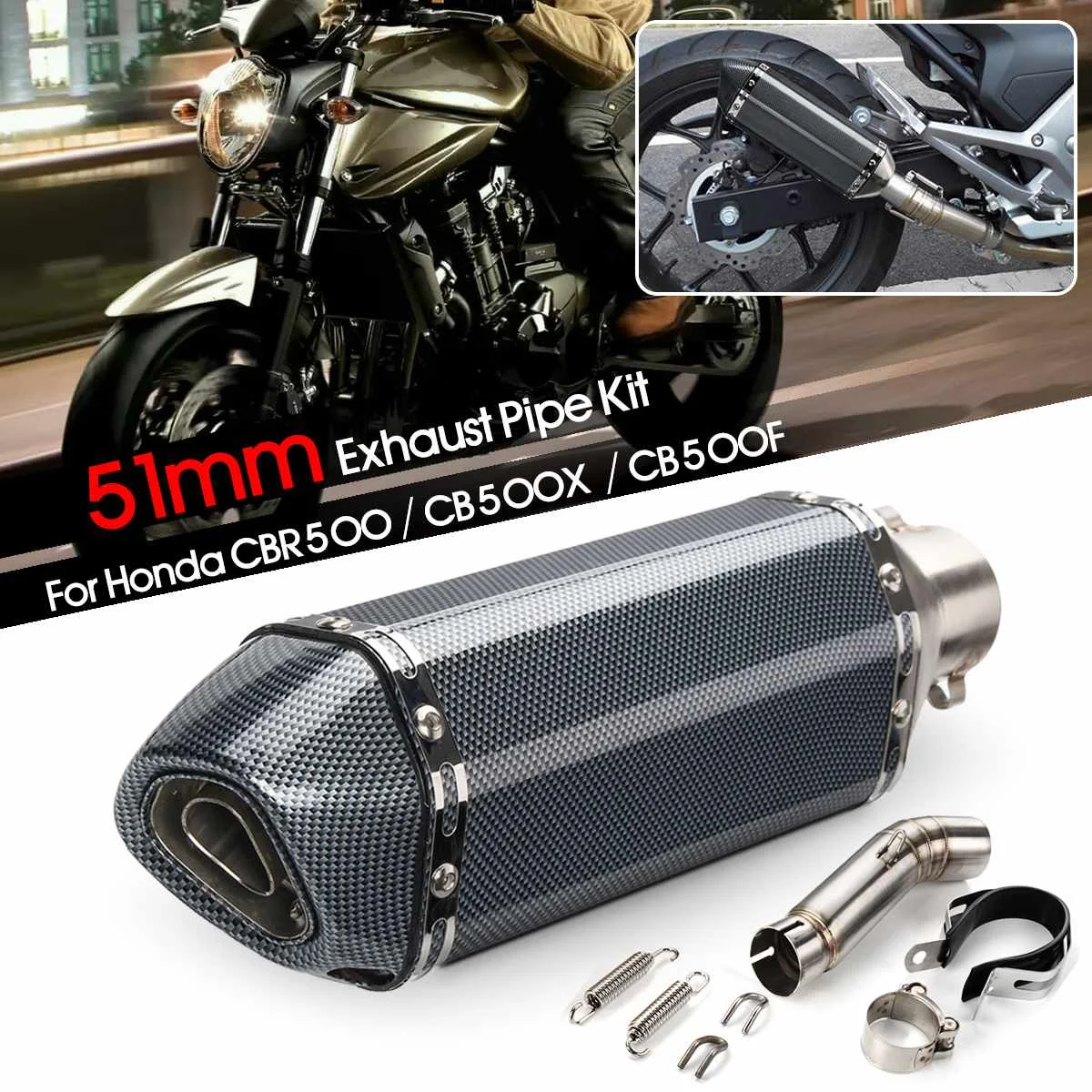 

51mm Motorcycle Exhaust Mid Link Pipe Muffler Kit For Honda CBR500 CB500X CB500F
