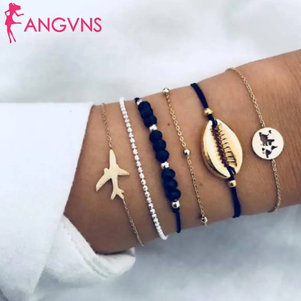 

Women Fashion Jewelry Multi-piece Alloy Braided Rope Casual Aircraft, Shell, Ball Shape Bracelet Set