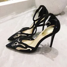 Sexy Black Mesh Women Shoes High Heels Pointed Toe T-bar Ankle Strap Cut-out Pumps Women Shoes Crystal Embellished Wedding Shoes chic metal bar embellished black match sunglasses for women