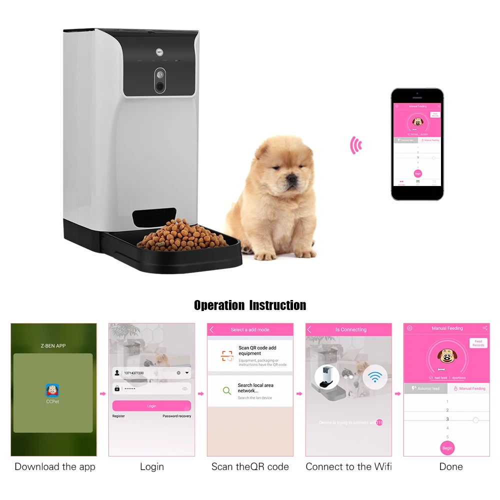 

6L APP Automatic Pet Cat Dog Feeder Food Dispenser with Camera Voice Recorder Wifi Connection Compatible for IOS/Android