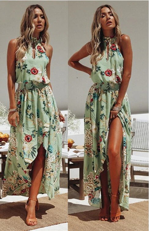 

Summer Holiday Women BOHO Chic Floral Print Beach Hollow Out Bandage Slit Dress Irregular Lady Sleeveless Long Sleeve Maxi Dress