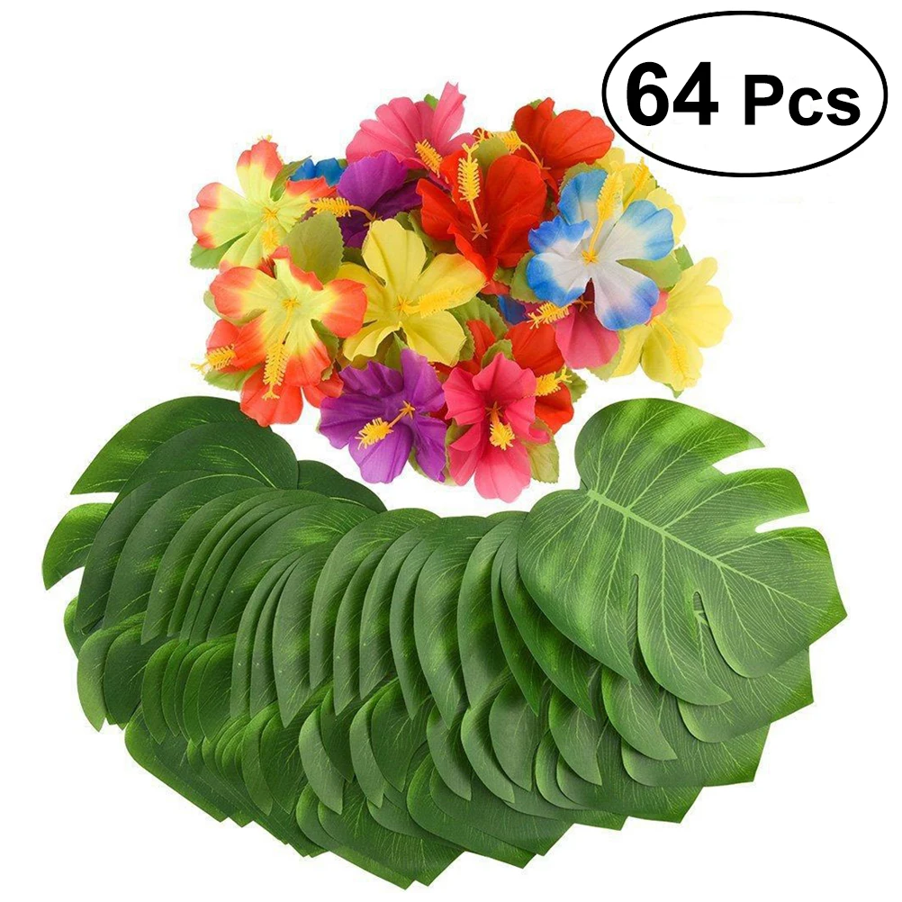 

32Pcs Stimulation Hibiscus + 32Pcs Artificial Tropical Leaves Green Monstera Leaves For Kitchen Party Decorations (Random Color)