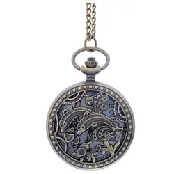 Два дельфина полый круглый ожерелье карманные часы бронза
