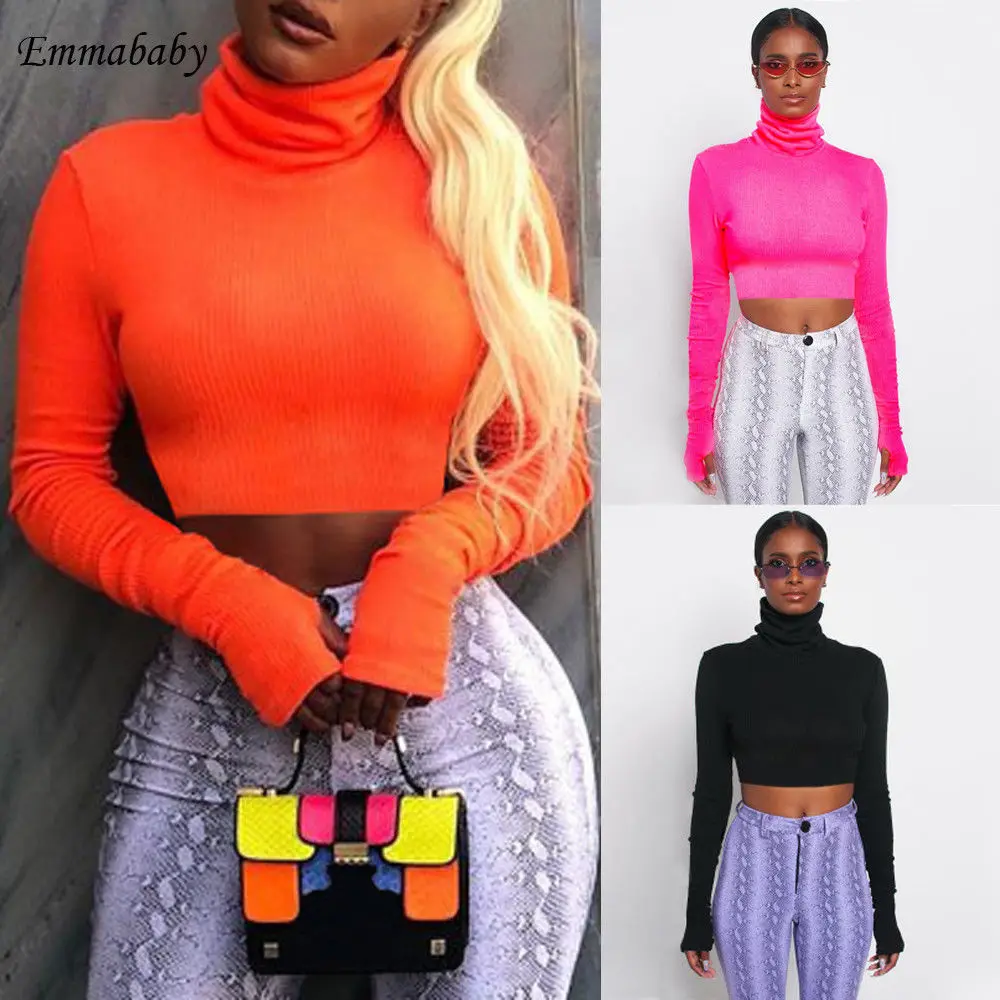 

Women Fashion Plain Tshirt Ladies Long Sleeve High Neck T Shirt Top Autumn Pullover