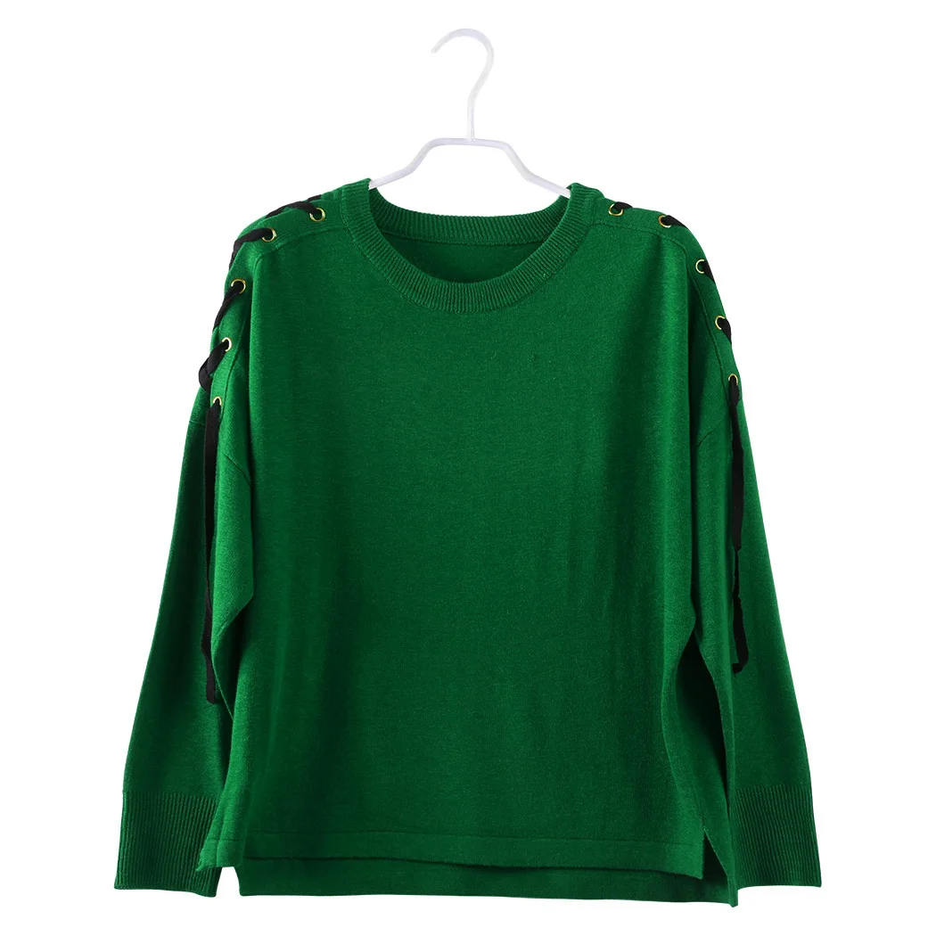 

Spring Ladies Green Sweaters And Pullovers Women Long Sleeve KnittedJumper Autumn Casual Lace Up Cross Loose Sweater Basic Tops