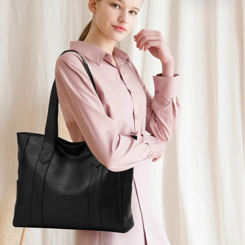 

[Super Seabob] 2019 Spring Summer Woman Temperament Black Double Handles High Capacity PU Leather Shoulder Bag All Match LM518