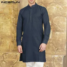 INCERUN, мужская рубашка со стоячим воротником, с длинным рукавом, на пуговицах, повседневные мужские топы, индийские топы, хлопок, одноцветная длинная рубашка, мужская одежда 3XL