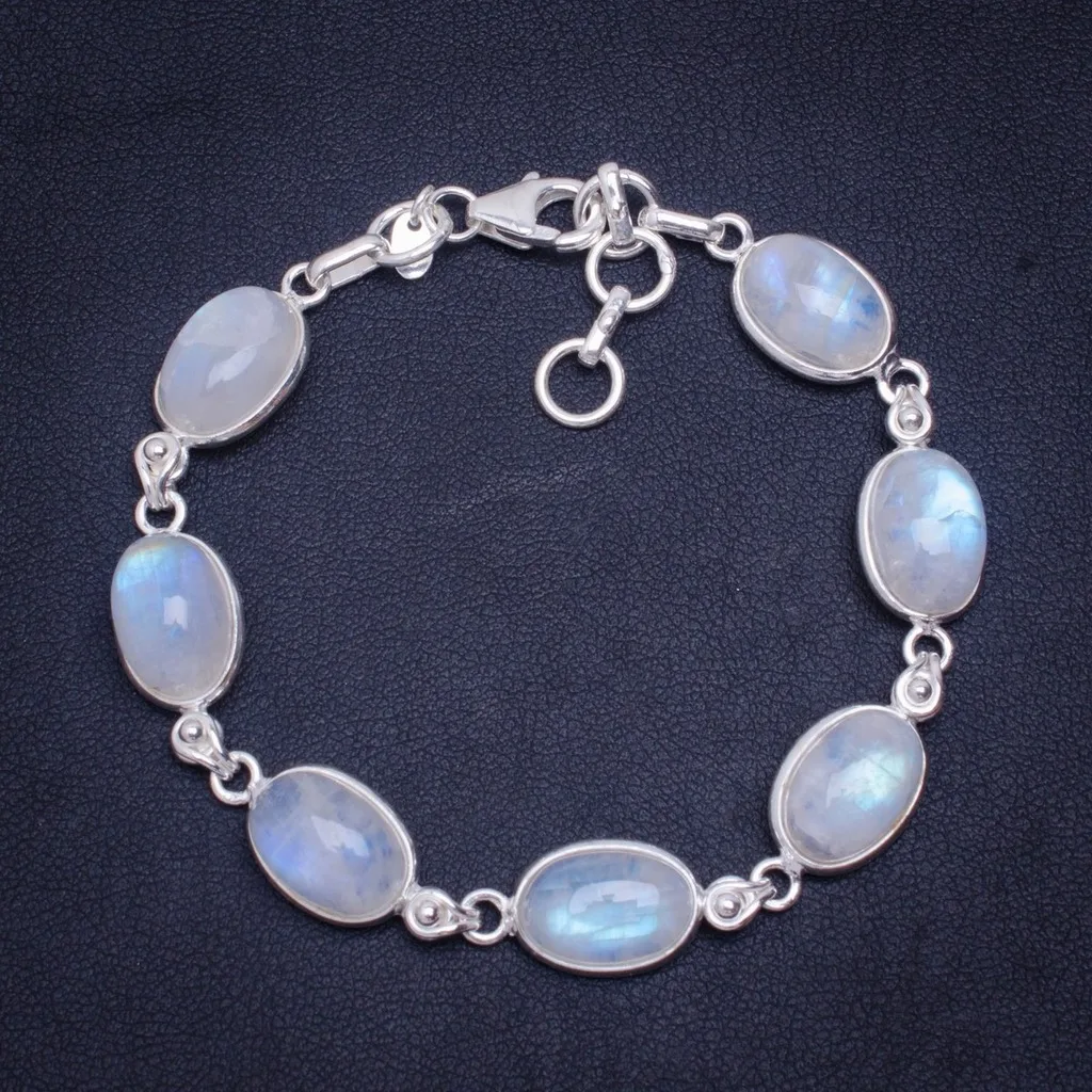 

Natural Rainbow Moonstone Handmade Unique 925 Sterling Silver Bracelet 6.5-7.5" A2971