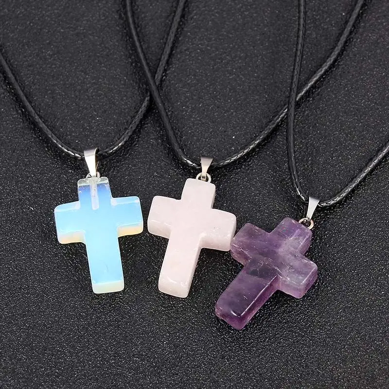 

New Trendy Pink Purple Opal Natural Stone Cross Pendant Necklace Leather Cord Adjustable Chain Necklace Jewelry For Women Gifts