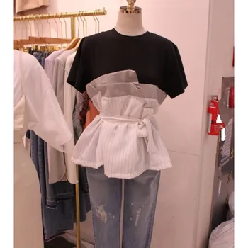 

2019 New Summer Fake Two-piece Striped T-shirt Women Fashion Belt Patchwork Irregular Tops Female Casual T Shirt