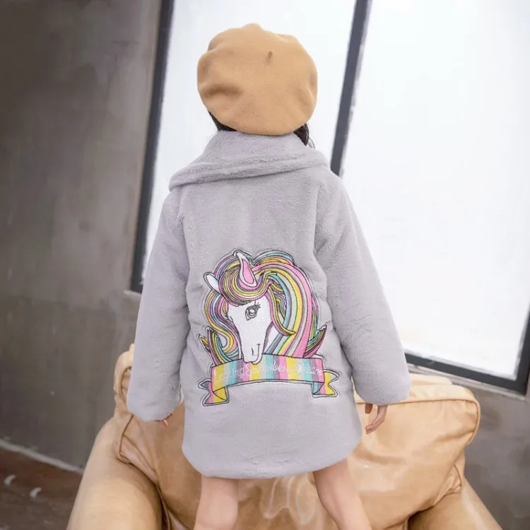 Подростковые куртки для маленьких девочек пальто из искусственного меха на осень из плотного хлопка мультфильмы «Единорог» Верхняя одежда с вышивкой детские топы