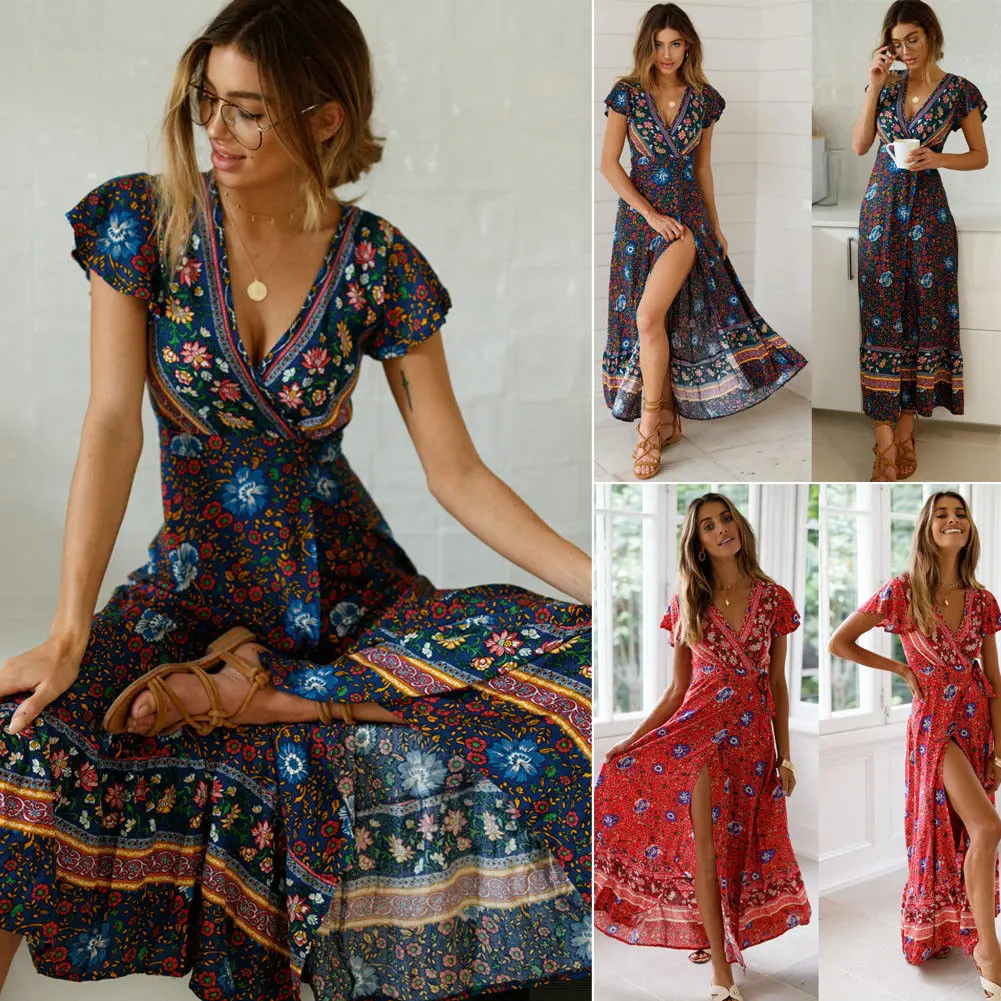 

Boho Style Long Dress Women 2019 New V Neck Beach Summer Dresses Floral Print Vintage Chiffon White Maxi Dress Vestidos de festa
