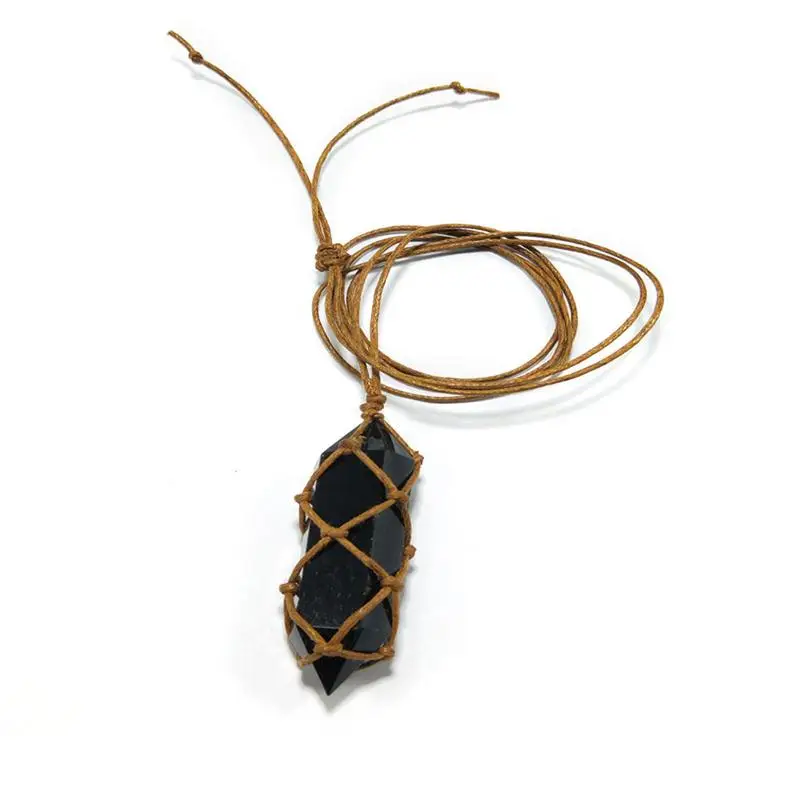 

Natural Rough Stone Ornaments Double-pointed Obsidian Crystal Hand-woven Healing Stone Pendant Gift Ornaments For Products