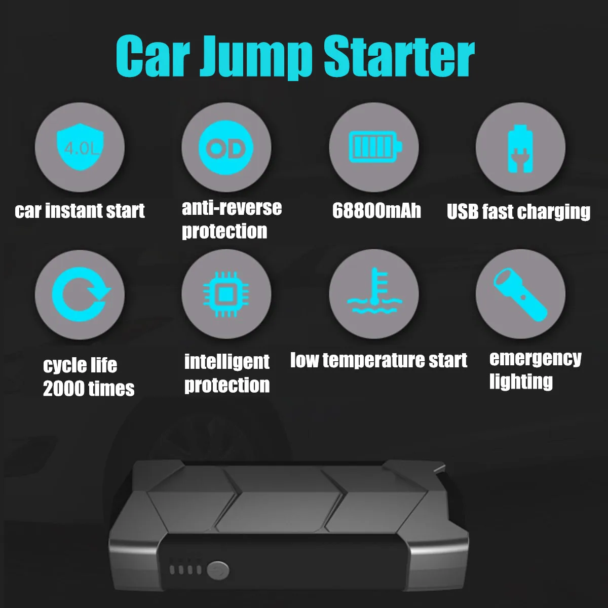 68800mAh Mini Portable 12V Car Battery Jump Starter Auto Jumper Engine Power Bank Starting Up With Smart Clip Data Line with bag