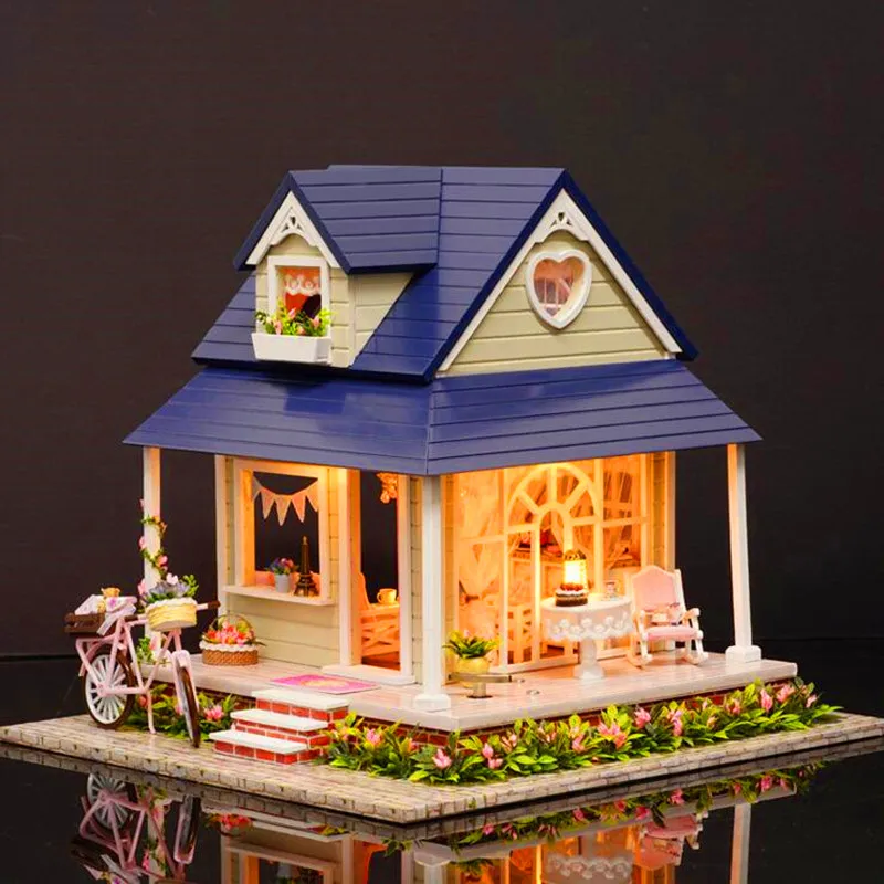 

3D Wooden Miniature Dollhouse Music Toy Kit Simulation Bike Furniture Doll House Model Children DIY Assemble Toys With LED Light