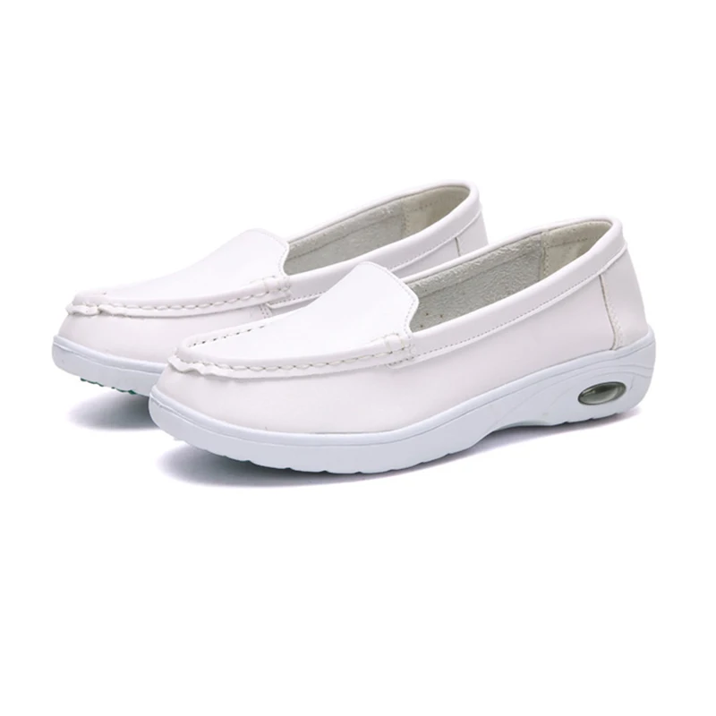 

Women Flats Shoes PU Leather Nurse Shoes Loafers Ladies slip on shoes Air Cushion Sneakers 2019 White Black Shallow footwear