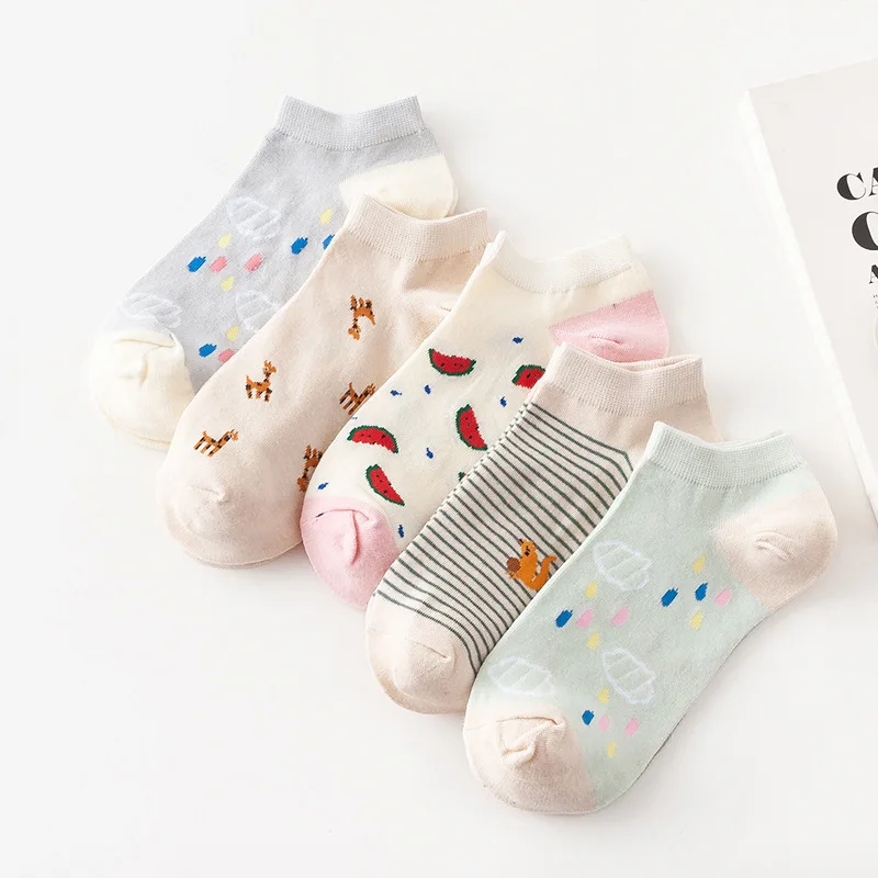 

Women Cotton melon Raindrops Squirrel Cartoon Socks Light-color JP Kawaii Fruit Casaul Pop Korean Painting Low Cut Girl Style