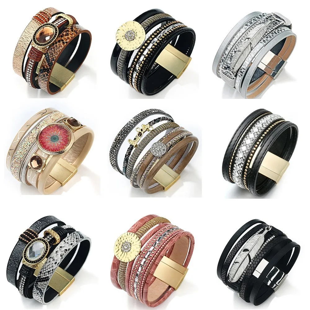

2019 Vintage Feather Width Magnetic Leather Bracelets & Bangles for Women Fashion Gold Multilayer Wrap Bracelets Men Jewelry