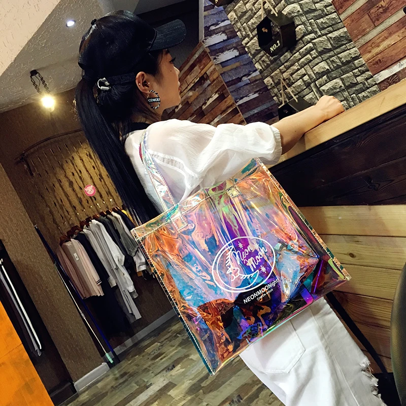 

New 2019 Women Laser Jelly Candy Strap Clear Shoulder PVC Fashion Summer Beach Bag Large Capacity Tote Handbag Messenger Bags