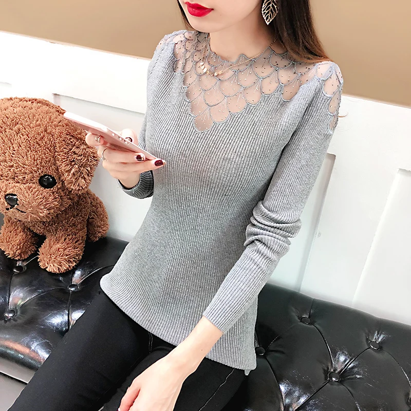 

Spring Fashion Elastic Knitting Sweater Women's Pullover Autumn Lace Patchwork Sweaters And Pullovers O-Neck Sueter Mujer