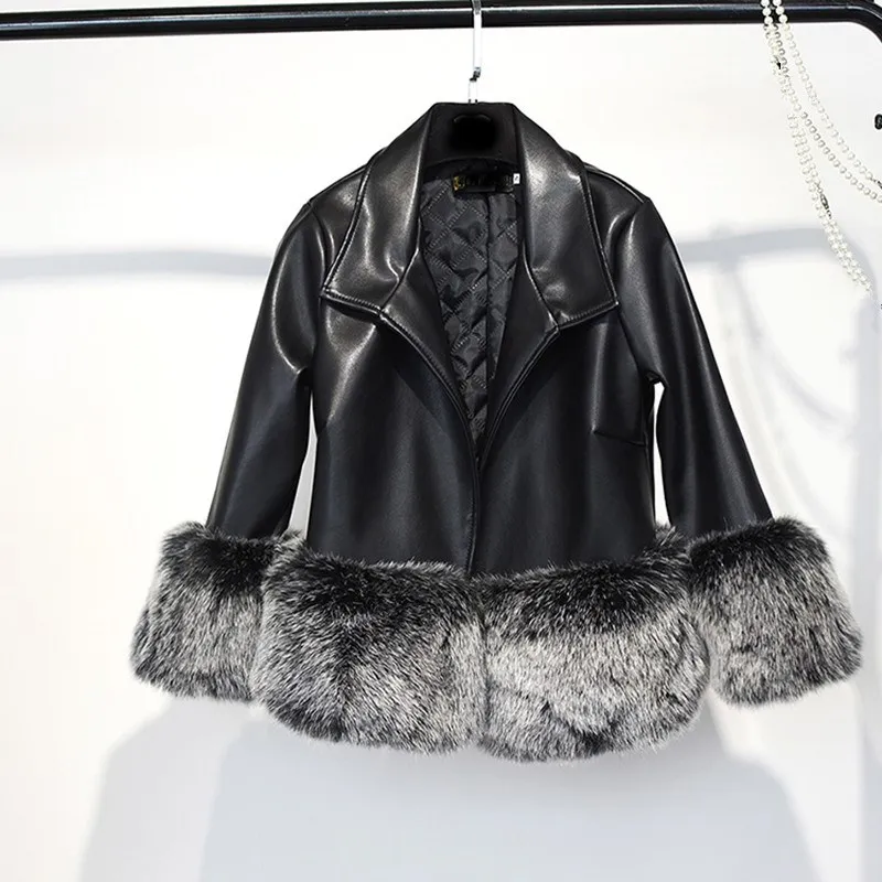 2018 Manteau Patchwork Nouvelle Femelle De Fourrure Pu Veste Courte Noir Longues Cuir Manches En Ardoisé Mode Fausse À FwFXdxqar