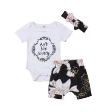 Одежда для малышей с цветочным принтом для девочек, топы с короткими рукавами комбинезон, штаны шорты повязка на голову, одежда