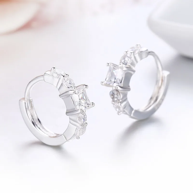 

Cute Slim 925 Sterling Silver Square CZ Circle Small Loop Huggie Hoop Earrings For Women Jewelry Kids Baby Girls Aros Argola