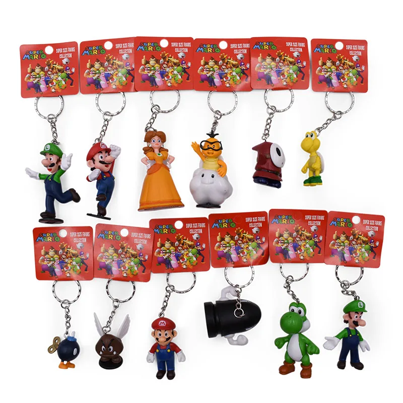 

12 pcs/lot Anime Super Mario Bros keychain Peach Donkey Kong Yoshi Luigi Toad PVC Action Figure Doll Collectible Model Toy