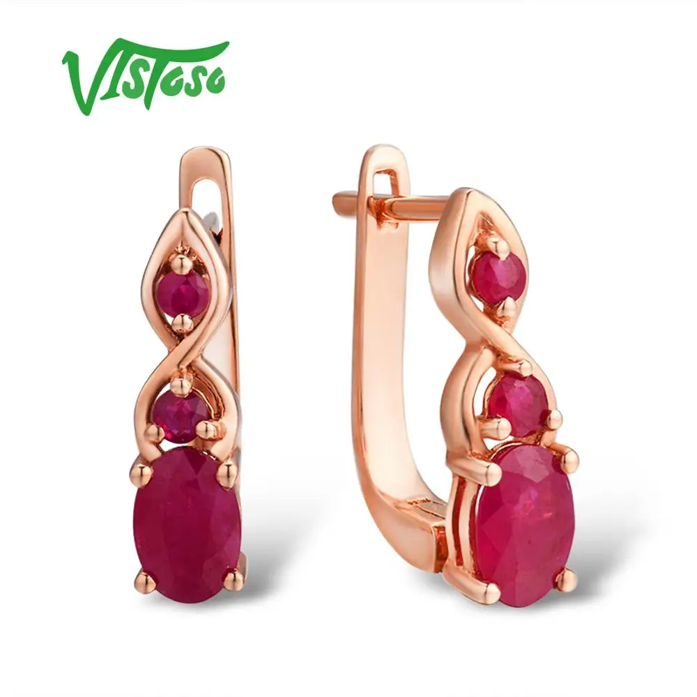 

VISTOSO Gold Earrings For Women Authentic 14K 585 Rose Gold Shimmering Red Ruby Wedding Band Engagement Anniversary Fine Jewelry