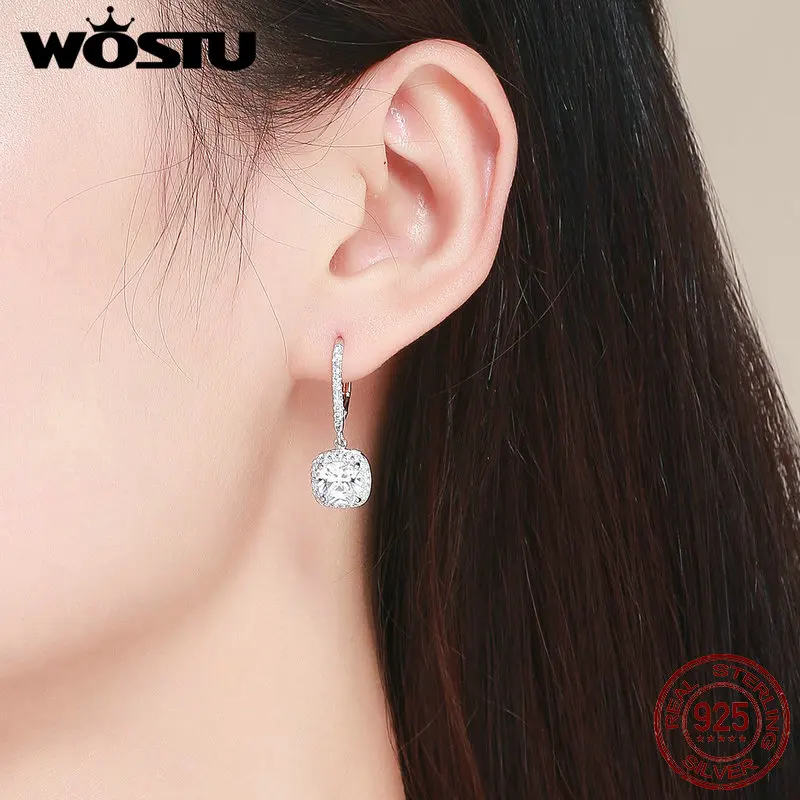 WOSTU подлинные 925 пробы серебряные модные квадратные висячие серьги с прозрачным CZ женские ювелирные изделия серьги роскошный бренд подарок CQE520