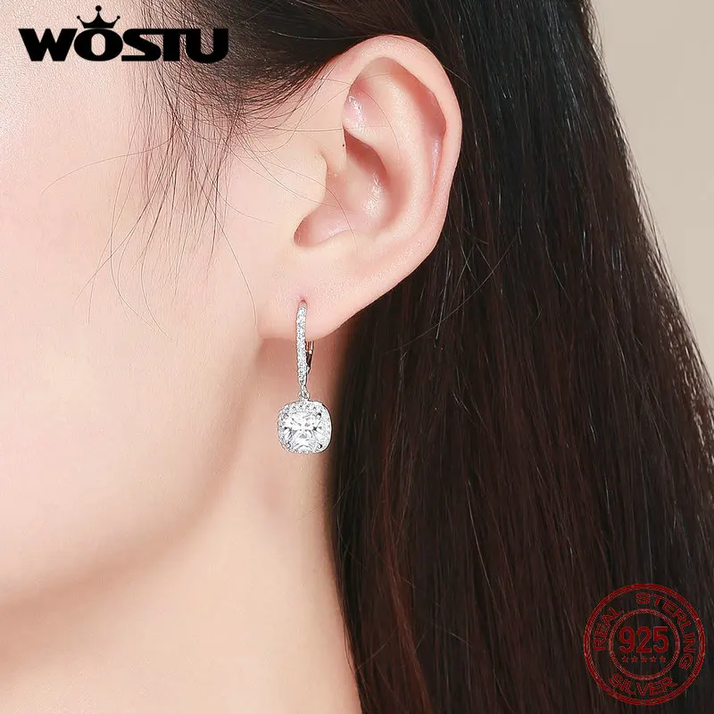  WOSTU Authentic 925 Sterling Silver Fashion Square Drop Earring With Clear CZ Women Jewelry Earring