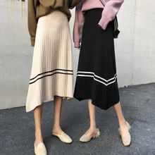 Женская юбка, повседневная, эластичная, высокая талия, верхняя одежда, вязаные юбки для женщин, s, осенняя мода, полосатая плиссированная юбка для женщин