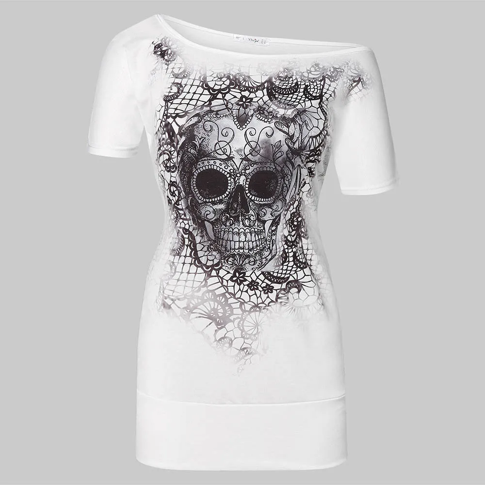 

Rosegal Plus Size Women T-shirt Dress Summer Skull Floral Print Skew Neck Robe Skew Collar Gothic Casual vestidos de fiesta
