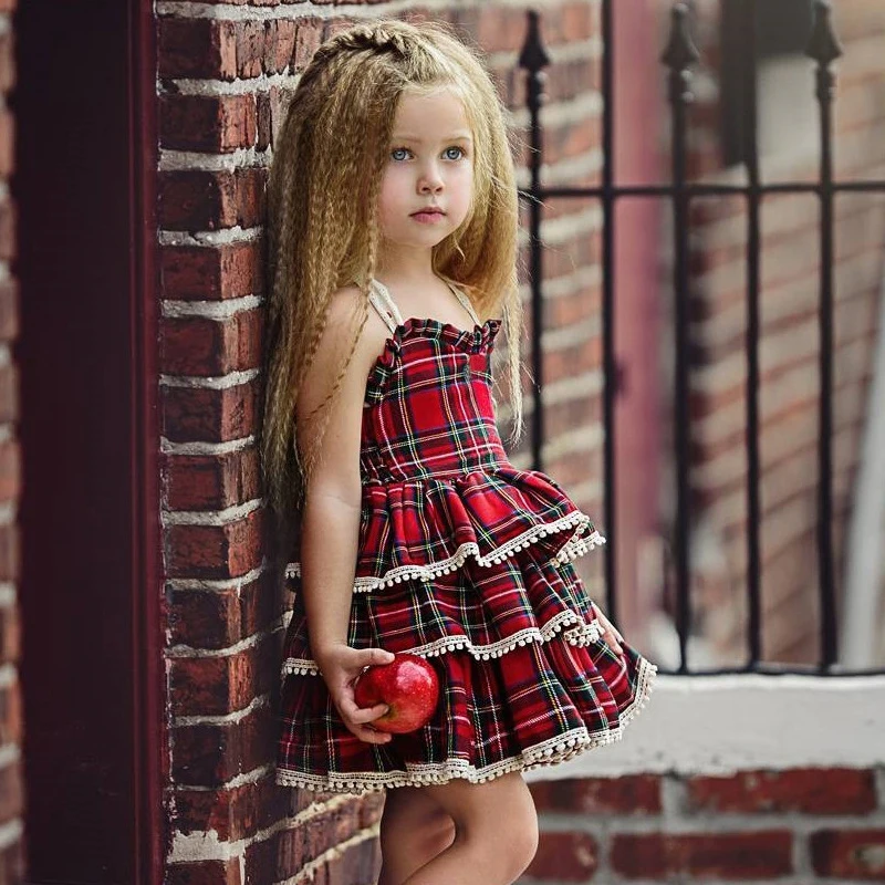 

Girls Cake Dress Mini Dress Sleeveless Elegant Princess Dress Square Print Solid Fashion Children Girls Clothes Slim Cas